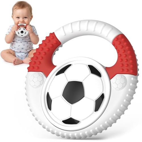 Baby Teething Toys Silicone Baby Soccer-Themed Teether Over 3 Months - Sensory Chew Toys - Baby Teether for Teething Relief - BPA Free Infant Toys Baby Shower Gifts (White&Red)