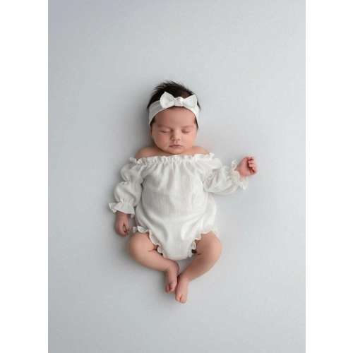 Professional Newborn Photo Prop Bishop Sleeve Romper for Sitter and First Birthday Photography, No Iron Crinkle Cotton Baby Outfit with Bow