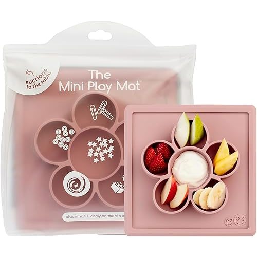 ezpz Mini Play Mat for Baby + Toddler (Blush) - 6 Months+ - Suction Plate with Flower Compartments for Crafts, Painting, Sorting, Snack Time - Promotes Pincer Grip