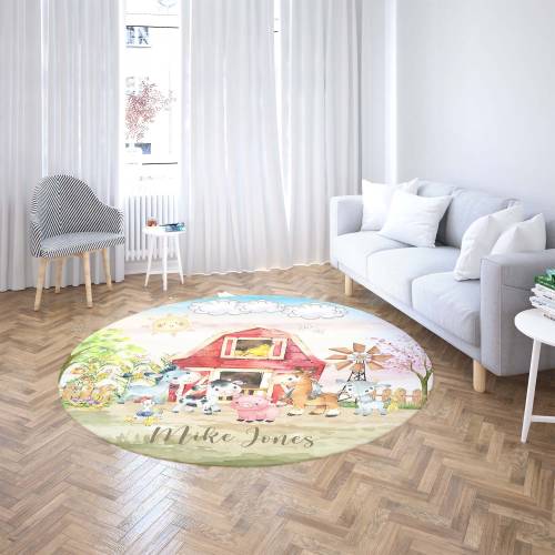 Farm Animal Round Rug, Baby Nursery Decor, Kids Playroom Mat