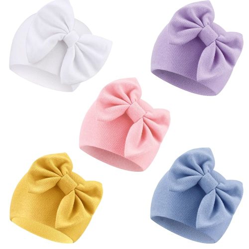 DRESHOW BQUBO Newborn Baby Girls Hats Hospital Hat Baby Cotton Beanie Infant Big Bow Hats for 0-24 Months