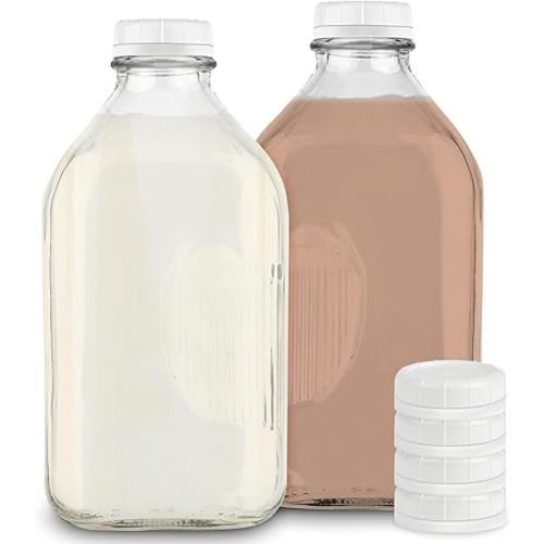 Stock Your Home 64-Oz Glass Milk Jugs with Caps (2 Pack) - 64 Ounce Food Grade Glass Bottles - Dishwasher Safe - Bottles for Milk, Buttermilk, Honey, Tomato Sauce, Jam, Barbecue Sauce