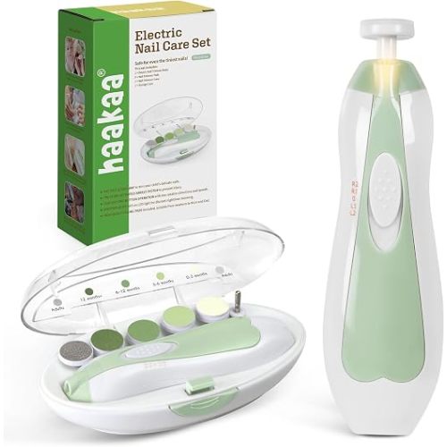 haakaa Baby Nail File Electric Baby Nail Care Set with LED Light, Baby Nail Clippers for Newborn/Infants/Adults Toes and Fingernails, 6 Replacement Heads & Storage Case, Green