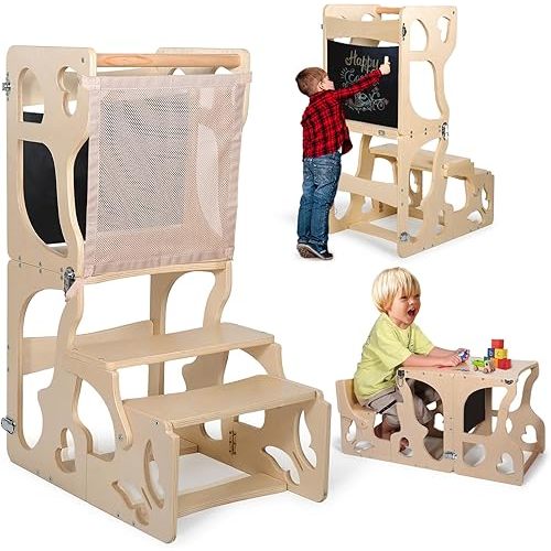 Toddler Tower, Kids Kitchen Step Stool Helper with Safety Net, Foldable Kitchen Learning Standing Stool, Toddler Ladder Anti-tilt Helper Tower for Bathroom Sink and Kid Kitchens Ladder Counter