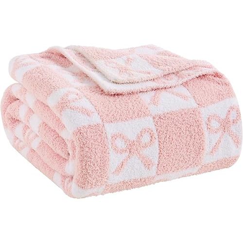 YIRUIO Pink Checkered Knit Throw Blanket with Bow Pattern 50x60 Lovely Ultra Soft Microfiber Warm Cozy Reversible for Bed Sofa Couch Home Decor Gift Daughter Sister Girl Kids