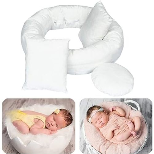 4PC Newborn Photography Props Baby Posing Aid Pillow Beans Bag 1pc Donut +3 pcs Posing Pillow Photograph Shoot Set for 0-4 Months Baby White