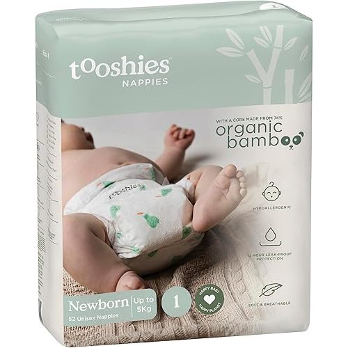 Tooshies Nappies | Size 1 Newborn 3-5kg | Made with Organic Bamboo | 12 hrs leak free | Unisex | Pear Print | 52 count | 1 WEEK SUPPLY