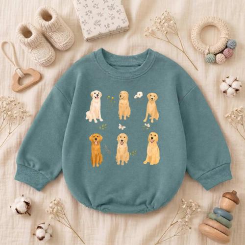 Golden Retriever Baby Romper, Cute Puppy Bodysuit, Floral Dog Lover Bubble Suit, Cottagecore Infant Outfit, Baby Shower Gift