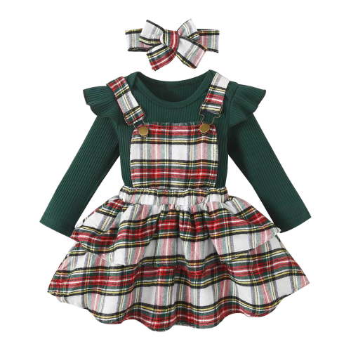 CAICJ98 Baby Girl Christmas Clothes Plaid Outfits Long Sleeve Romper Overall Skirt Dress Cute Newborn Outfit Green,Size 3-6 Months