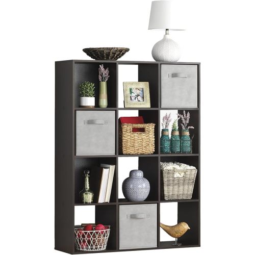 Whitmor 12 Cube Storage Organizer, 4 Tier Stackable Mdf Wood Bookcase, Open Storage Display Bookshelf, Storage Cabinet for Living Room, Bedroom, Home, Office, 35.1"L x 11.7"W x 47.5"H, Espresso