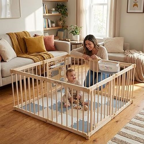 Miotetto Baby Playpen, Wooden Playpen for Babies and Toddlers, Foldable Fence with Montessori Activity Panel, Storage Basket & Gate, Portable, Easy to Assemble Baby Play Pen Natural Wood Playyard