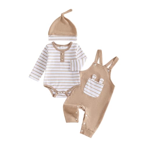 Baby Boy Clothes Set Stripe Romper Waffle Suspender Pants Outfit | Newborn Fall Winter Outfit, Long Sleeve Crewneck Bodysuit, Waffle Knit Overalls, Knotted Hat, 3-Piece, Coming Home Outfit