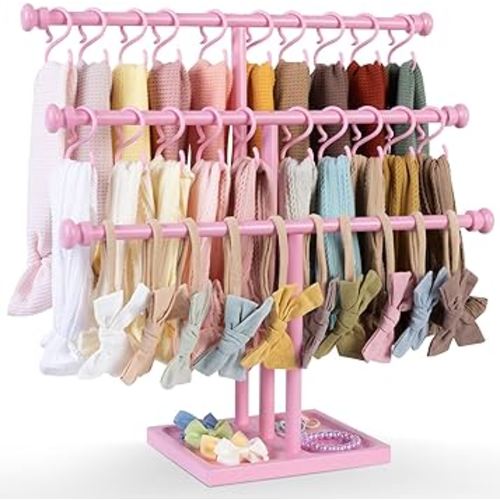 POVETIRE Headband Holder Stand Storage for Baby, 3 Tier Wooden Bow Organizer for Girls Hair Bows, Infant Hair Accessories Rack Display for Nursery Decor