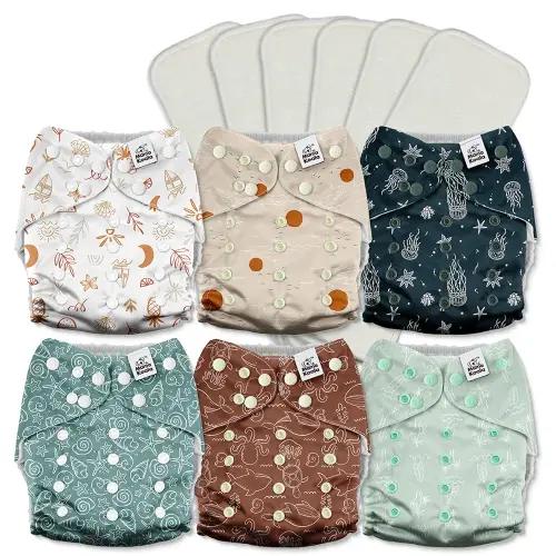 Mama Koala 3.0 Cloth Diapers for Babies with AWJ Lining, 6 Pack with 6 5-Layer Natural Cloth Diaper Inserts - Reusable and Washable Pocket Diapers(A-Seashore)