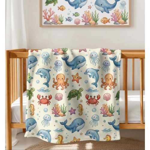 Ocean Animal Baby Blanket, Under the Sea Nursery Throw, Sea Life Crib Blanket, Nautical Nursery Decor, Baby Shower Gift