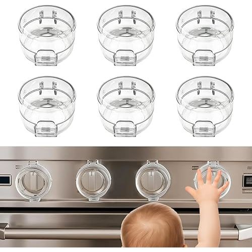 6PCS Gas Stove Knob Covers for Child Safety - Heat-Resistant Baby Proof Stove Knob Covers, Universal Size Stove Knob Safety Covers with Adhesive, Adjustable Child Safety Stove Guard(Clear)
