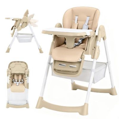 Baby High Chair, Foldable High Chair for Babies & Toddlers, 7 Adjustable Seat Heights & 5-Point Safety Harness for 6-36 Months Babies, Champagne