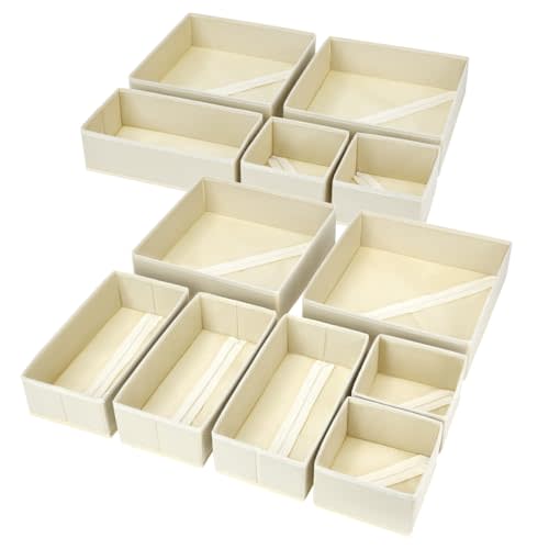 DIMJ Drawer Organizer Clothes, 12 Pack Dresser Organizer, Foldable Closet Organizers and Storage, Fabric Dresser Bins, Drawer Dividers for Nursery, Baby Clothes, Underwears, Sock (Beige)