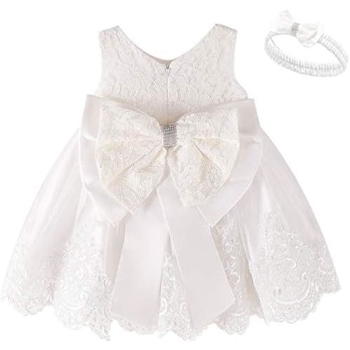Baby Girls Dress Christening Baptism Party Formal Dress with Headwear
