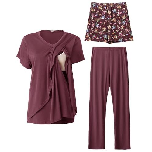 Rnxrbb 3 PCS Nursing Pajamas Set Postpartum Pjs Breastfeeding Sleepwear for Women Double Layer with Pockets