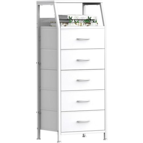 Ollieroo White Dresser for Bedroom, Storage Organizer with 5 Drawers, Vertical Fabric Storage Tower, Nightstand Bedside Table, Sturdy Steel Frame & Wooden Top