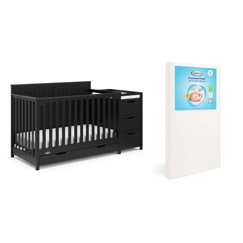 Graco Hadley 5-in-1 Convertible Crib and Changer and Premium Crib & Toddler Mattress Bundle, Black