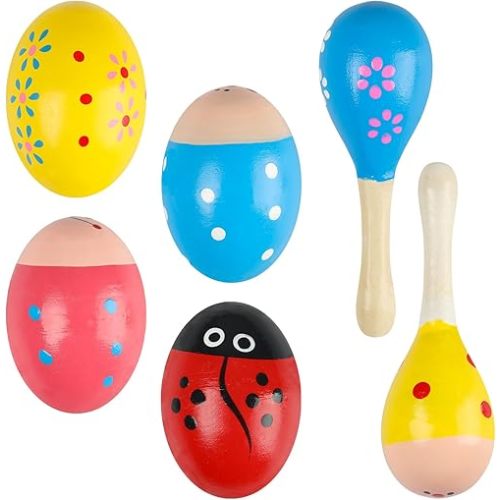 Easter Wooden Egg Shaker Set(6 Pcs), 4 Easter Eggs and 2 Maracas, Percussion Instruments for Easter Party or Classroom Music