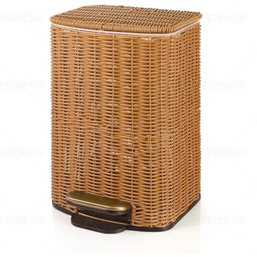 Handwoven Rectangular Small Trash Can with Lid, 6L / 1.6 Gallon, Soft Close Lid, Stainless Steel Pedal, Removable Inner Bucket for Bathroom, Bedroom, Office (Brown)