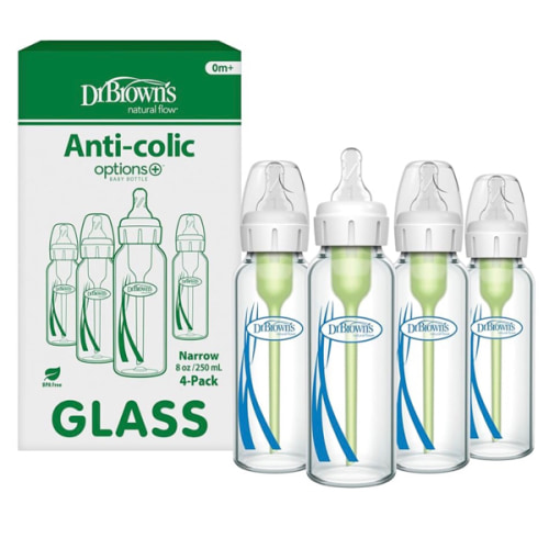 Dr. Brown's Natural Flow Anti-Colic Options+ Narrow Glass Baby Bottle 8 oz/250 mL, with Level 1 Slow Flow Nipple, 4 Pack, 0m+