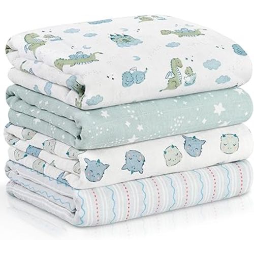 4-Pack Muslin Swaddle Blankets for Newborns | 100% Cotton Breathable Soft, Large 31.5"x43.3" | Multi-Use Stroller Sunshade Nursing Cover & Receiving Blanket, Blue Dinosaur