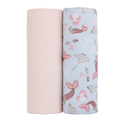 NoJo Cat Mermaid Blush Pink, Grey and Light Blue Star Fish and Crab 100% Cotton 2Pk Muslin Swaddles - Cat Mermaid - Blush Pink, Grey and Light Blue Star Fish and Crab