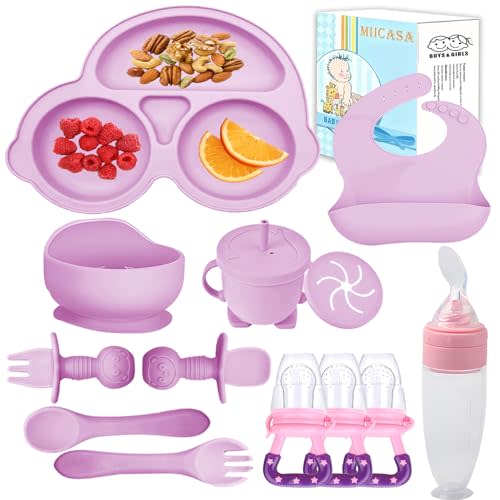 Silicone Baby Feeding Set,Miicasa Baby Led Weaning Supplies Kit With Suction Bowl & Car Plate, Bib, Spoon, Fork, Cup - Food-Grade Silicone, Dishwasher-Safe, No BPAs - For 3+ Months