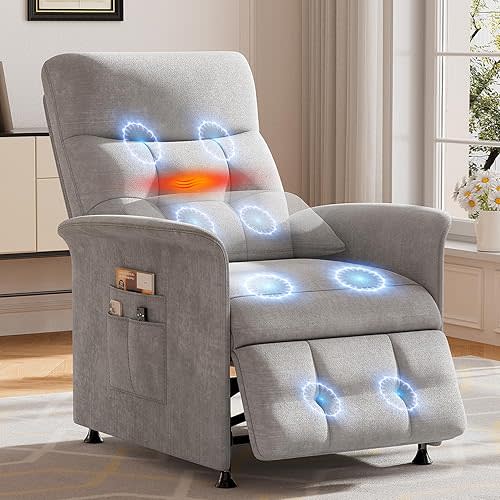 Power Recliner Chair for Adults with Heat & Massage - Soft Fabric Electric Reclining Sofa with Remote Control, 3 Side Pockets, 180° Lay Sleeper for Living Room Home Theater, Light Grey