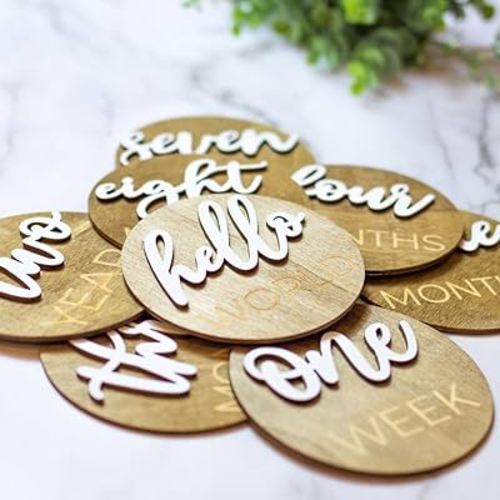 Wooden 3D Monthly Milestone Discs for Baby Photos (20 pcs Set), First Year Monthly Milestone Marker, Includes 1-5 Years, Walnut Stained