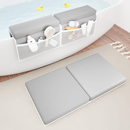 Bath Kneeler and Elbow Rest Pad Set, Comfortable Baby Bath Kneeling Pad for Tub with Toy Organizer Pockets, Non-Slip Knee Pad for Bathing Baby, Quick Dry Bathtub Mat for Toddler & Infant - Grey