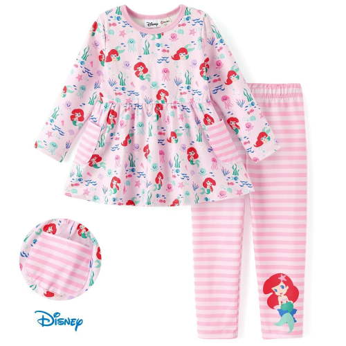 Disney Princess Baby Girl Clothes Pink Outfits Ariel Graphic Dress Top with Pocket and Stripe Legging Pant Infant Set