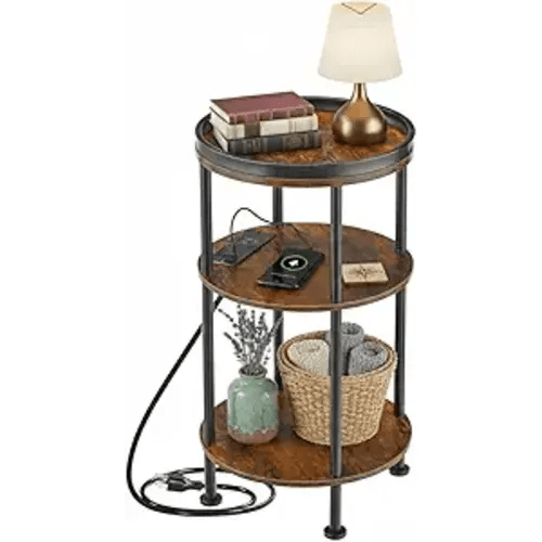 Small Round Side Table with Charging Station for Small Spaces, 3-Tier Round Accent Table with USB Ports & Power Outlets, Corner Table Sofa End Table for Living Room Bedroom (USB Charger, Rustic Brown)