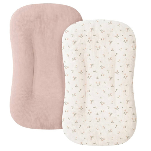 Muslin Baby Lounger Cover for Newborn & Infant, 100% Cotton Soft and Breathable Lounger Slipcover for Baby Girls and Boys, Pack of 2 (Pink Blossom)