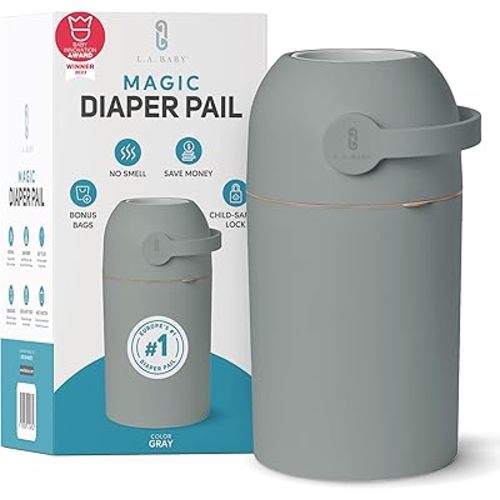 L.A. BABY Magic Diaper Pail - Patented 100% Odor-Free System with Child-Safe Lock - Award-Winning Design - No Refills Required - Works with Regular Trash Bags - Green