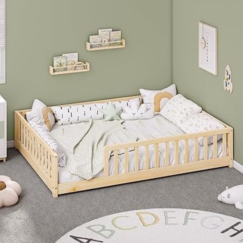 Full Montessori Floor Bed with Rails, Solid Wood Floor Bed Frame for Kids, Montessori Bed with Slats, No Box Spring Needed, Natural