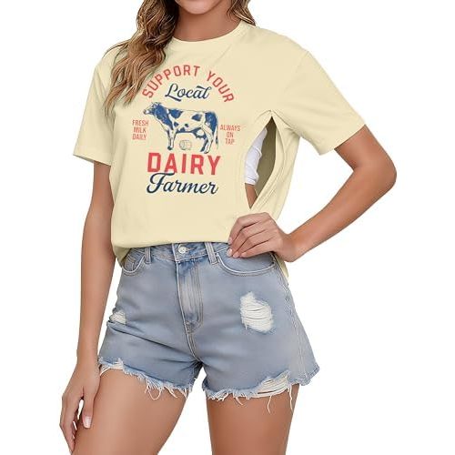 Comfort Breastfeeding Shirts for Women Zip Nursing Tops Causal Distressed Acid Washed Maternity Tees