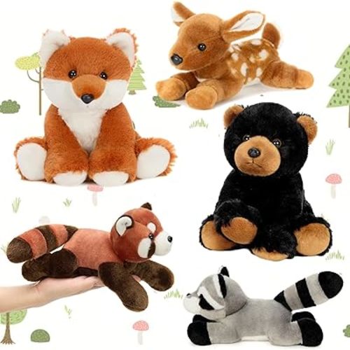 MaoGoLan 5 Pcs Soft Woodland Stuffed Animals Bulk Plush Toys for Girls Kids, 8'' Grizzly Bear Deer Fox Raccoon Red Panda Forest Animal Plushies Set Theme Party Favors Decorations Gifts Christmas