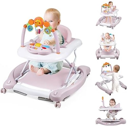 Baby Walker, 5-in-1 Baby Walkers for Boys and Girls 6-12 Months with Bouncer, Removable Footrest, Feeding Tray & Music, Foldable & Adjustable Activity Walker for 6-18 Months Toddler Infant