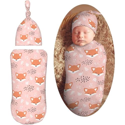 Cute Fox Pink Newborn Swaddle Blankets Hat Sets Soft Baby Receiving Blanket Swaddle Sack for Baby Shower Infant Boy Girl Gift
