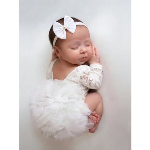 Newborn Girl Photoshoot Outfits Lace Baby Photography Outfits Girl Photo Props for Newborn Elastic Romper with Headband Baby Photoshoot Props Outfits（White）