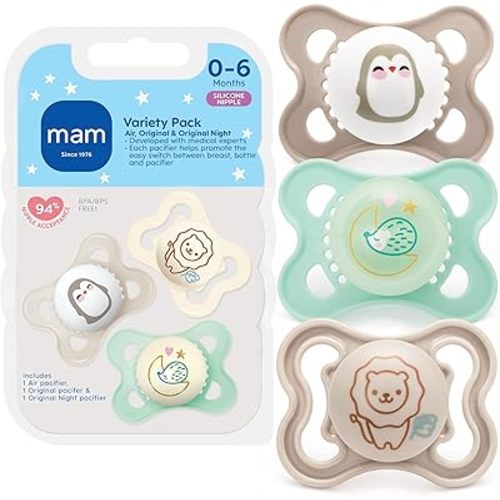 MAM Variety Pack Baby Pacifier, Includes 3 Types of Pacifiers, Nipple Shape Helps Promote Healthy Oral Development,0-6 Months, Unisex, 3 Count (Pack of 1)