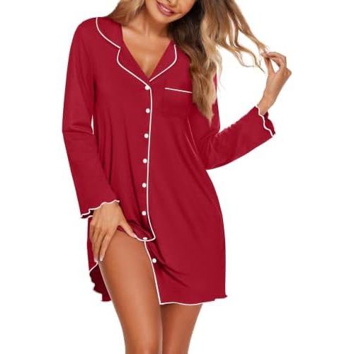 Ekouaer Nightgowns for Women Long Sleeve Night Gowns Button Pajama Dress