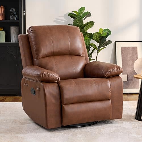 360° Swivel Rocking Leather Recliner Chair for Adults, Camel | Overstuffed Manual Recliner with Spring Cushion, Glider Rocker Nursery Single Sofa with Side Pockets for Living Room
