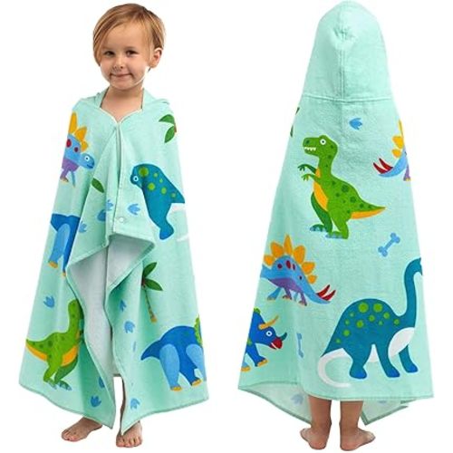 Wildkin Kids Hooded Beach Towel – 100% Cotton, Snap Front for Bath, Pool & Beach - Dinosaur Land