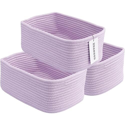 XUANGUO Small Woven Storage Baskets 12“X8”X5“ Decorative Rope Bins for Organizing Shelves, Closets, and Toys, Empty Gift Baskets, Cute Organizer Basket for Home and Office (purple, regular)